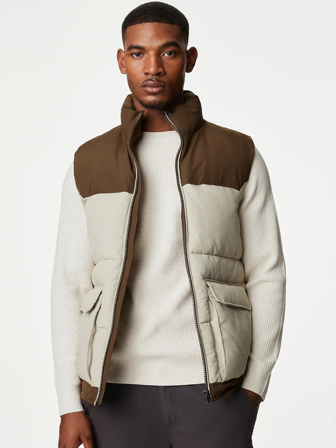 

Marks & Spencer Colourblocked Lightweight Padded Jacket, Beige