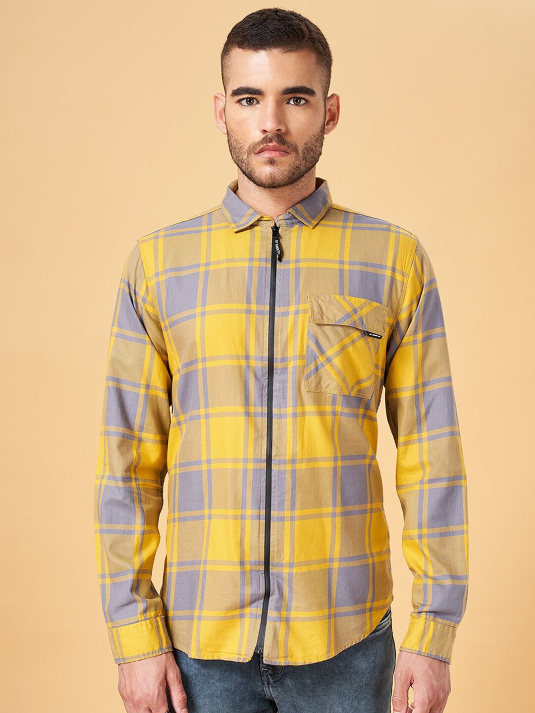 

SF JEANS by Pantaloons Tartan Checked Slim Fit Cotton Casual Shirt, Yellow