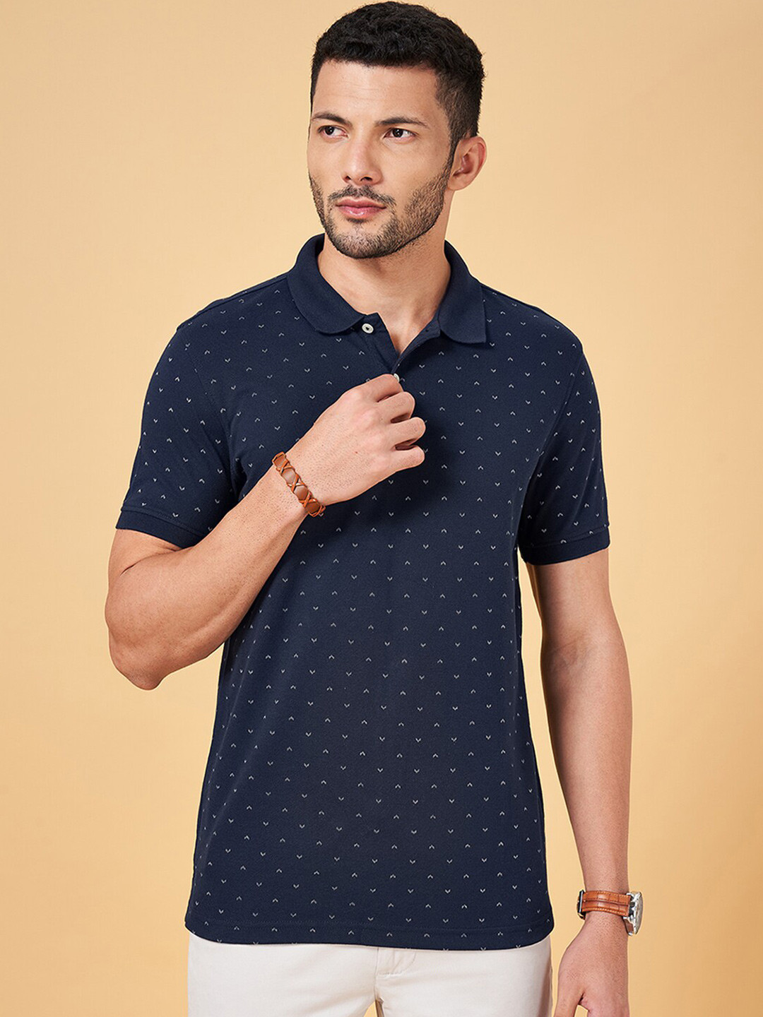 

BYFORD by Pantaloons Men Navy Blue Printed Polo Collar Pockets Slim Fit T-shirt