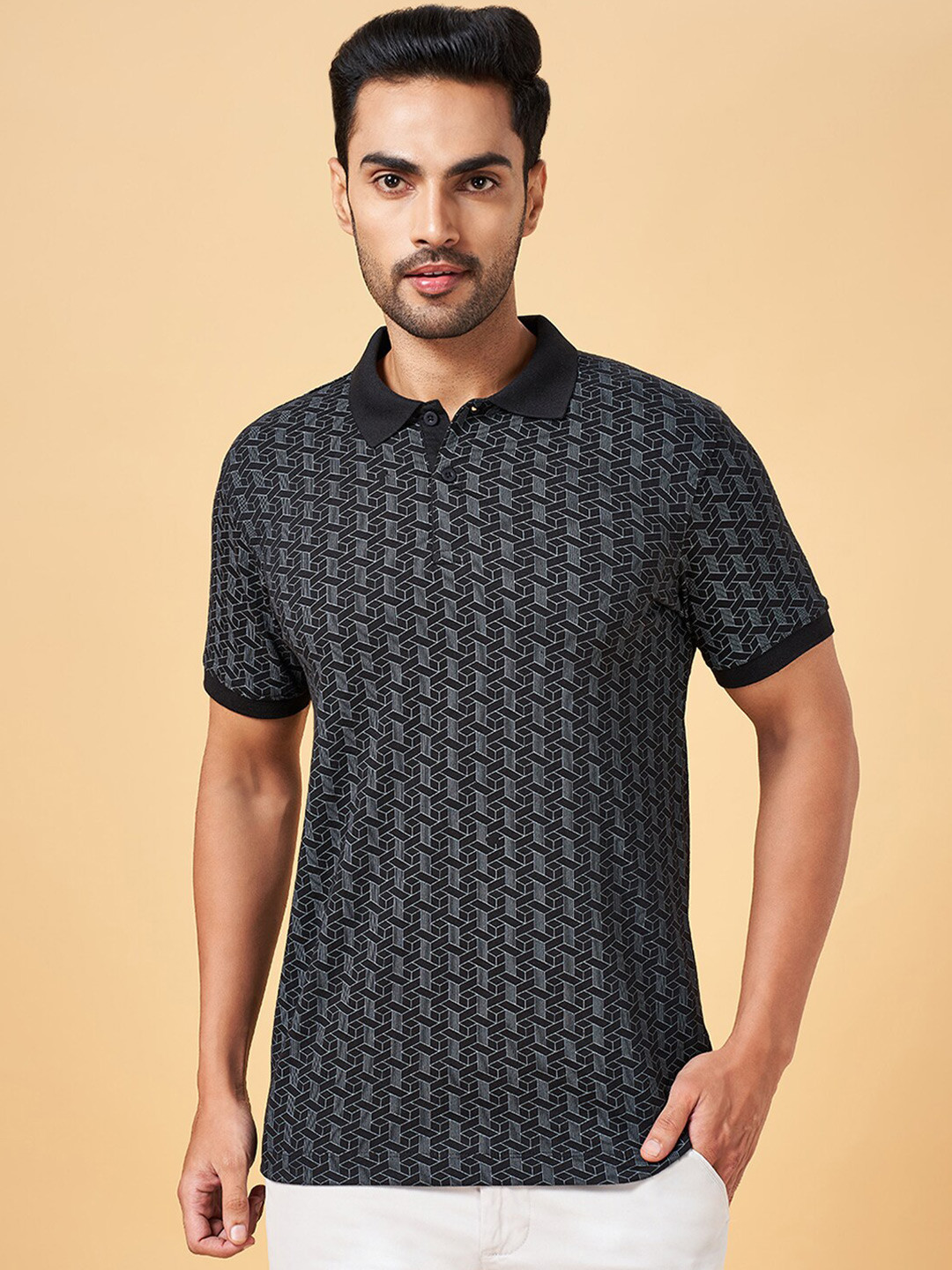 

BYFORD by Pantaloons Men Black Printed Mandarin Collar Pockets Slim Fit T-shirt