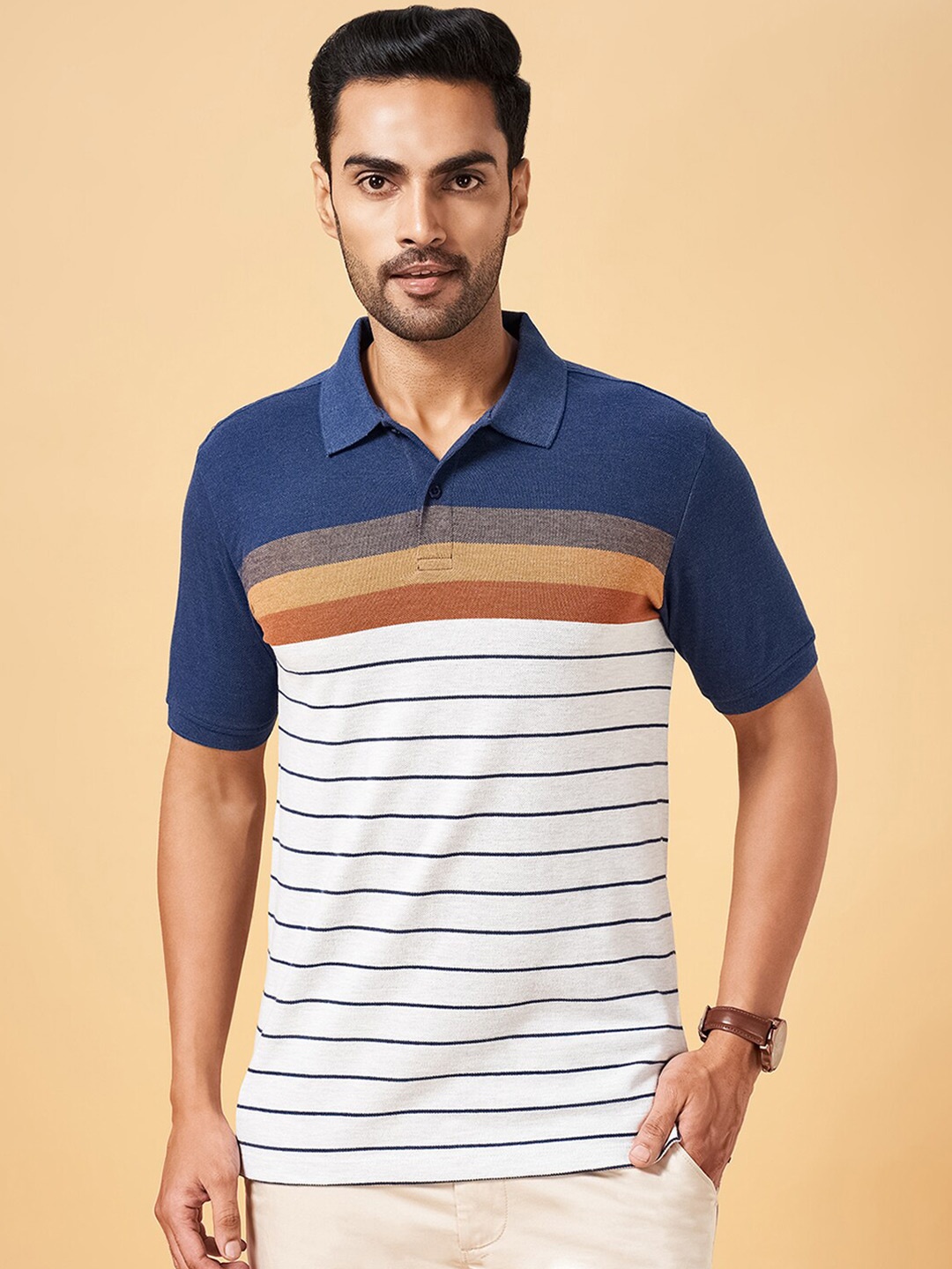 

BYFORD by Pantaloons Men Navy Blue Striped Polo Collar Pockets Slim Fit T-shirt