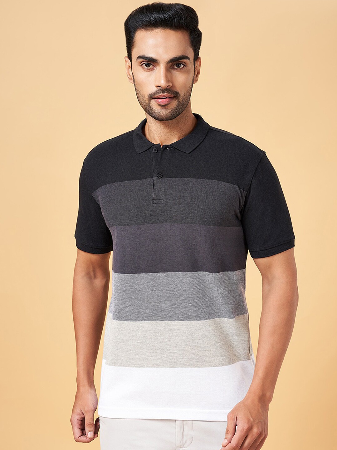 

BYFORD by Pantaloons Men Black Striped Polo Collar Pockets Slim Fit T-shirt