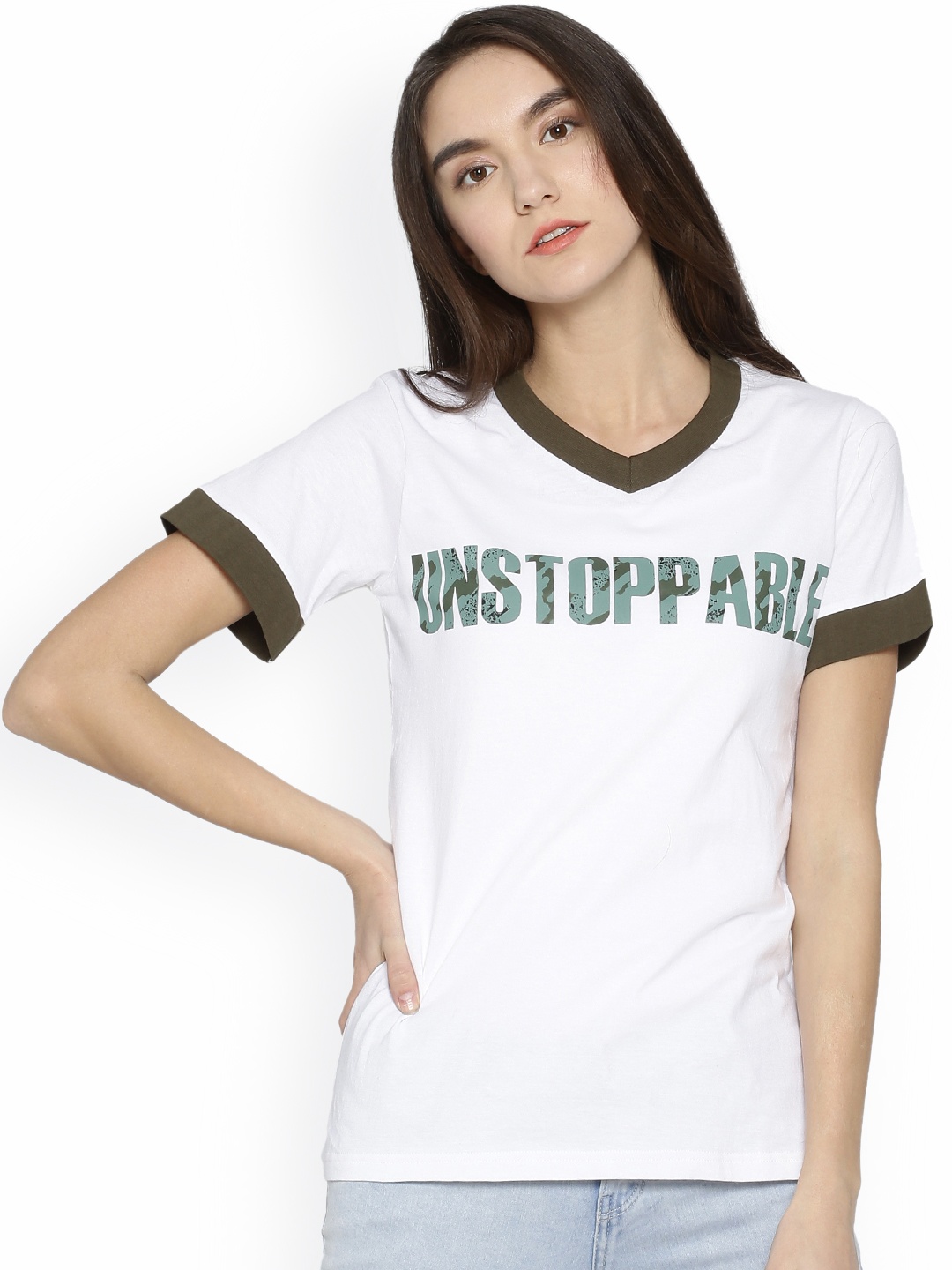 

Campus Sutra Women White & Olive Green Printed Top