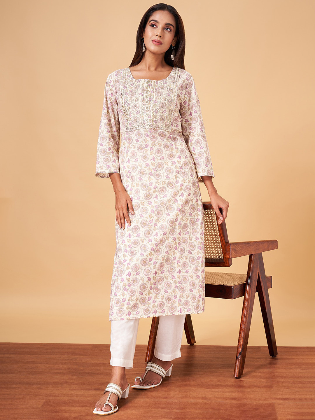 

YU by Pantaloons Floral Printed Sequinned Pure Cotton A-Line Kurta, Off white