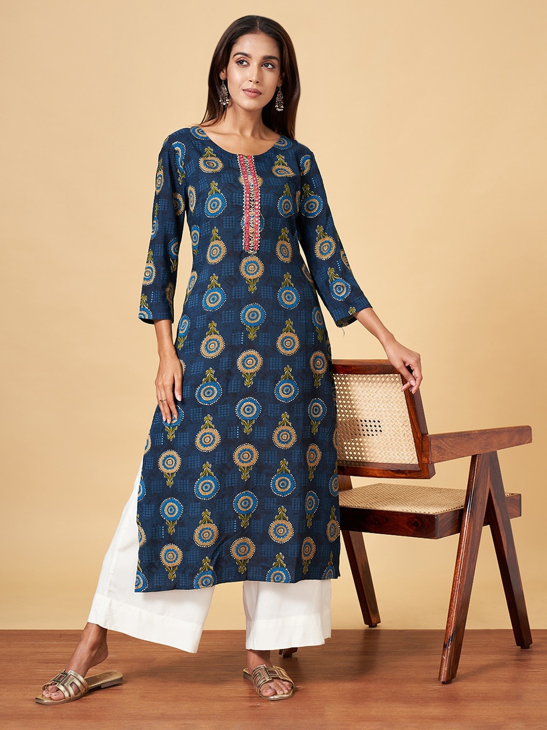 

YU by Pantaloons Ethnic Motifs Printed Mirror Work A-Line Kurta, Navy blue