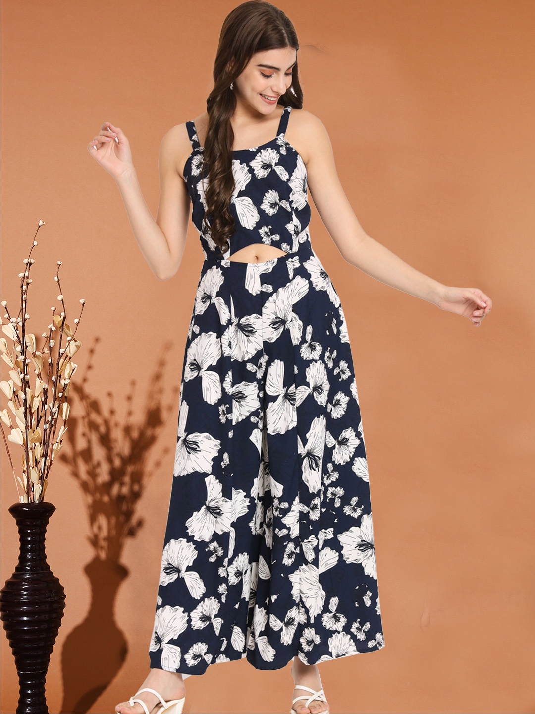 

angloindu Navy Blue & White Printed Culotte Jumpsuit