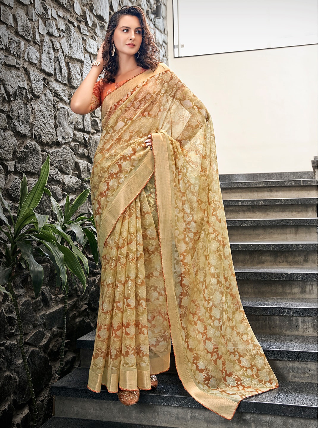 

SANSKAR Yellow & Brown Floral Zari Net Saree