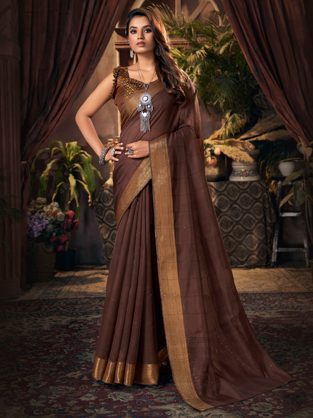 

SANSKAR Brown & Gold-Toned Striped Zari Organza Saree
