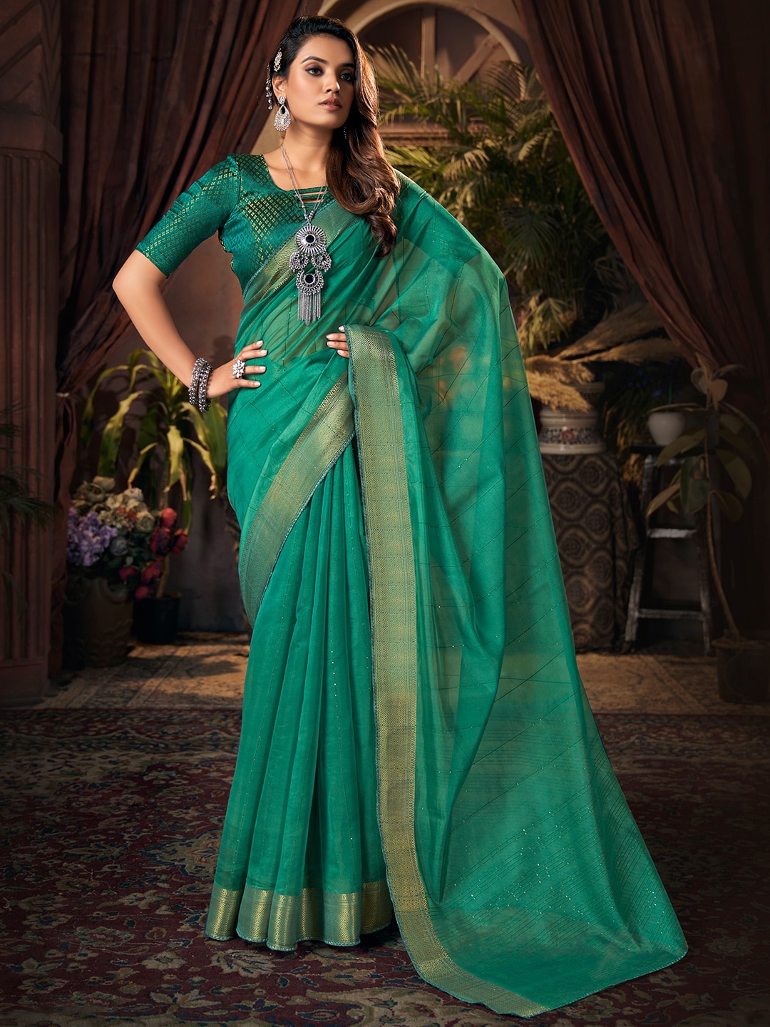

SANSKAR Green & Gold-Toned Striped Sequinned Organza Saree