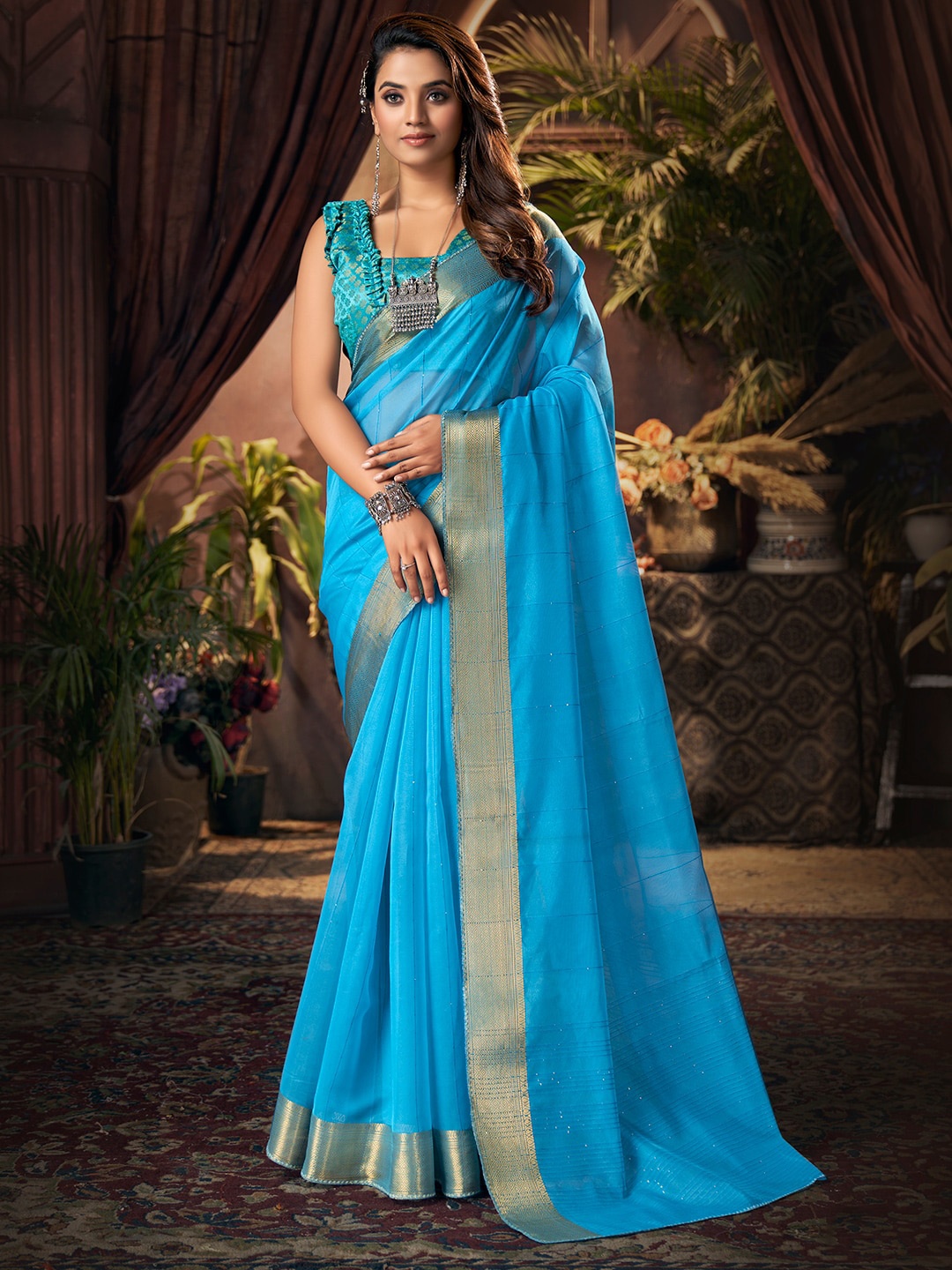 

SANSKAR Blue & Gold-Toned Striped Zari Organza Saree