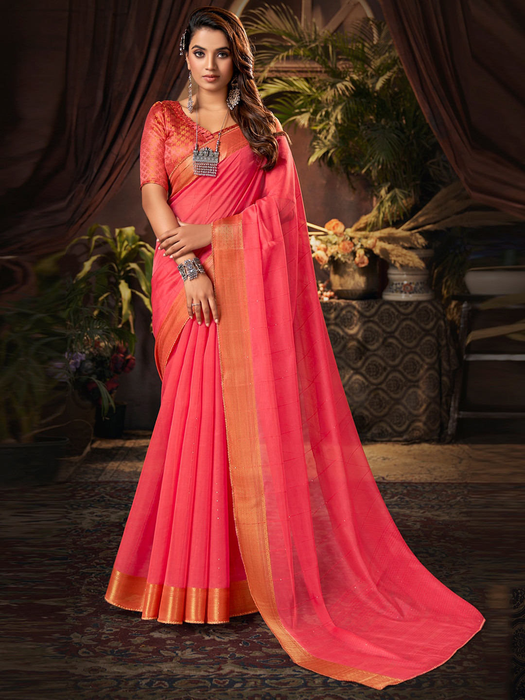 

SANSKAR Orange & Gold-Toned Striped Zari Organza Saree