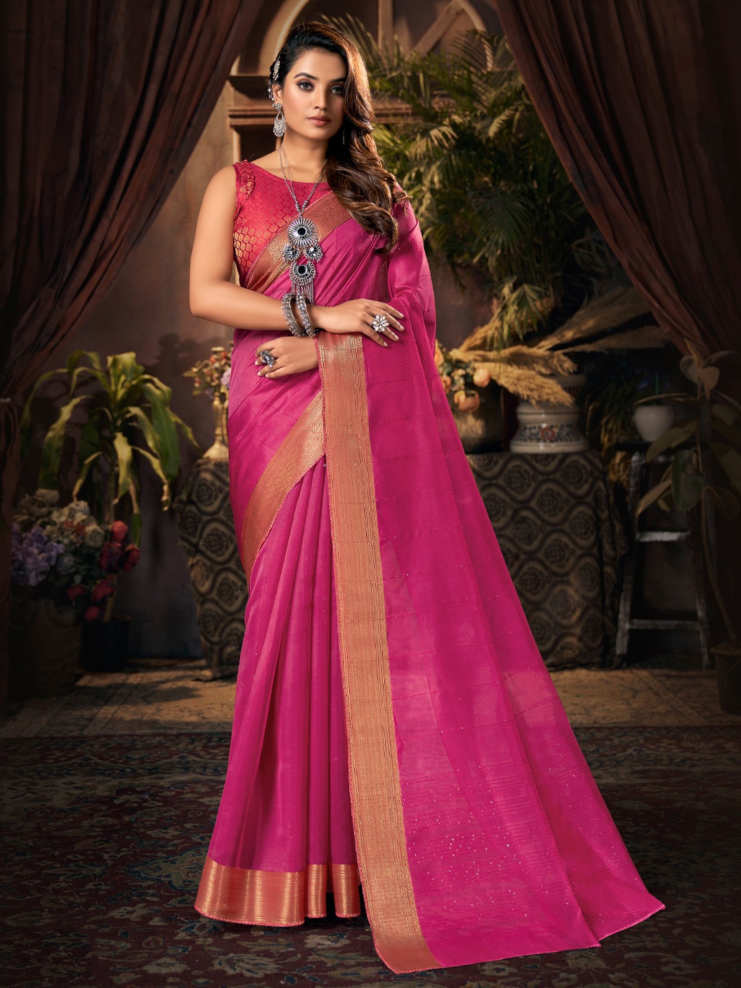 

SANSKAR Pink & Gold-Toned Striped Zari Organza Saree