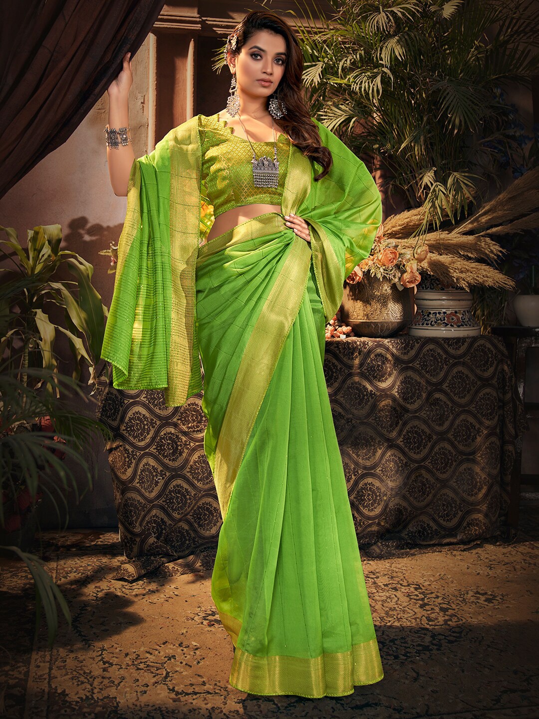 

SANSKAR Green & Gold-Toned Striped Zari Organza Saree