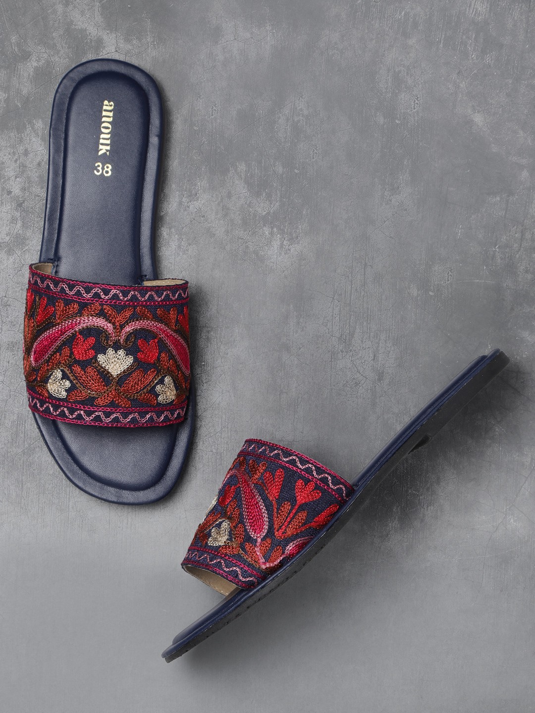 

Anouk Women Navy Embroidered Open Toe Flats, Navy blue