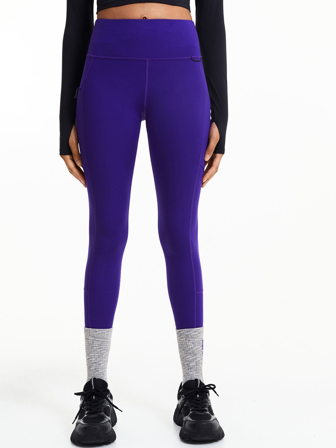 

H&M Women Mid-Rise DryMove Pocket-Detail Running Tights, Purple