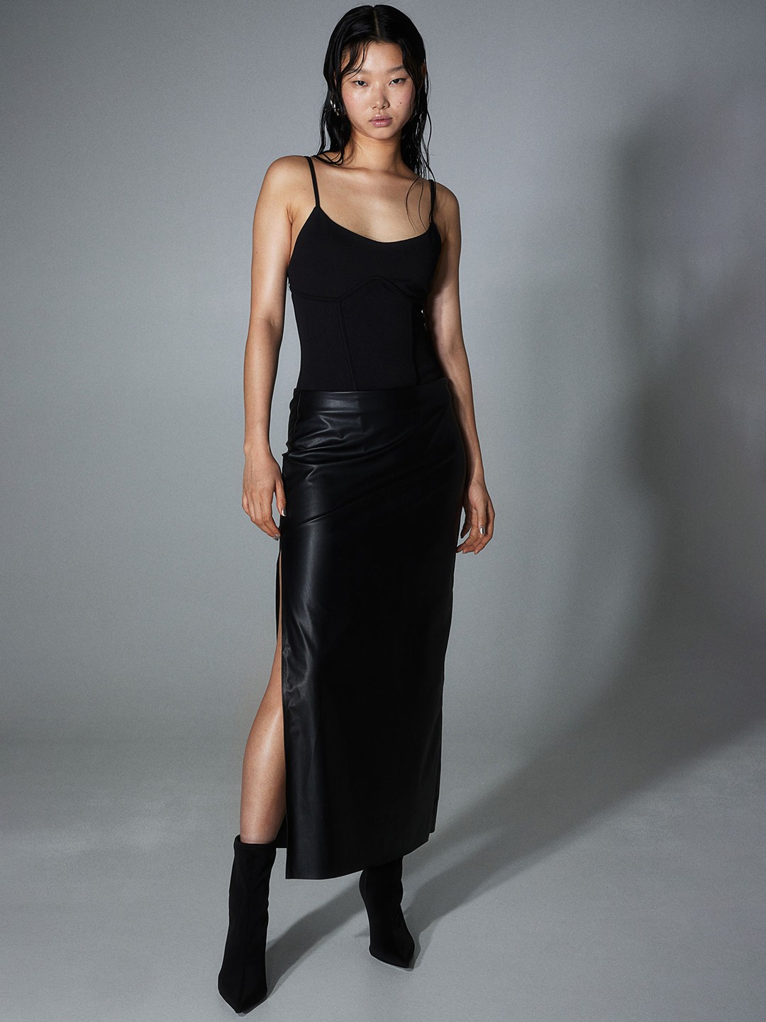 

H&M Coated Maxi Skirt, Black