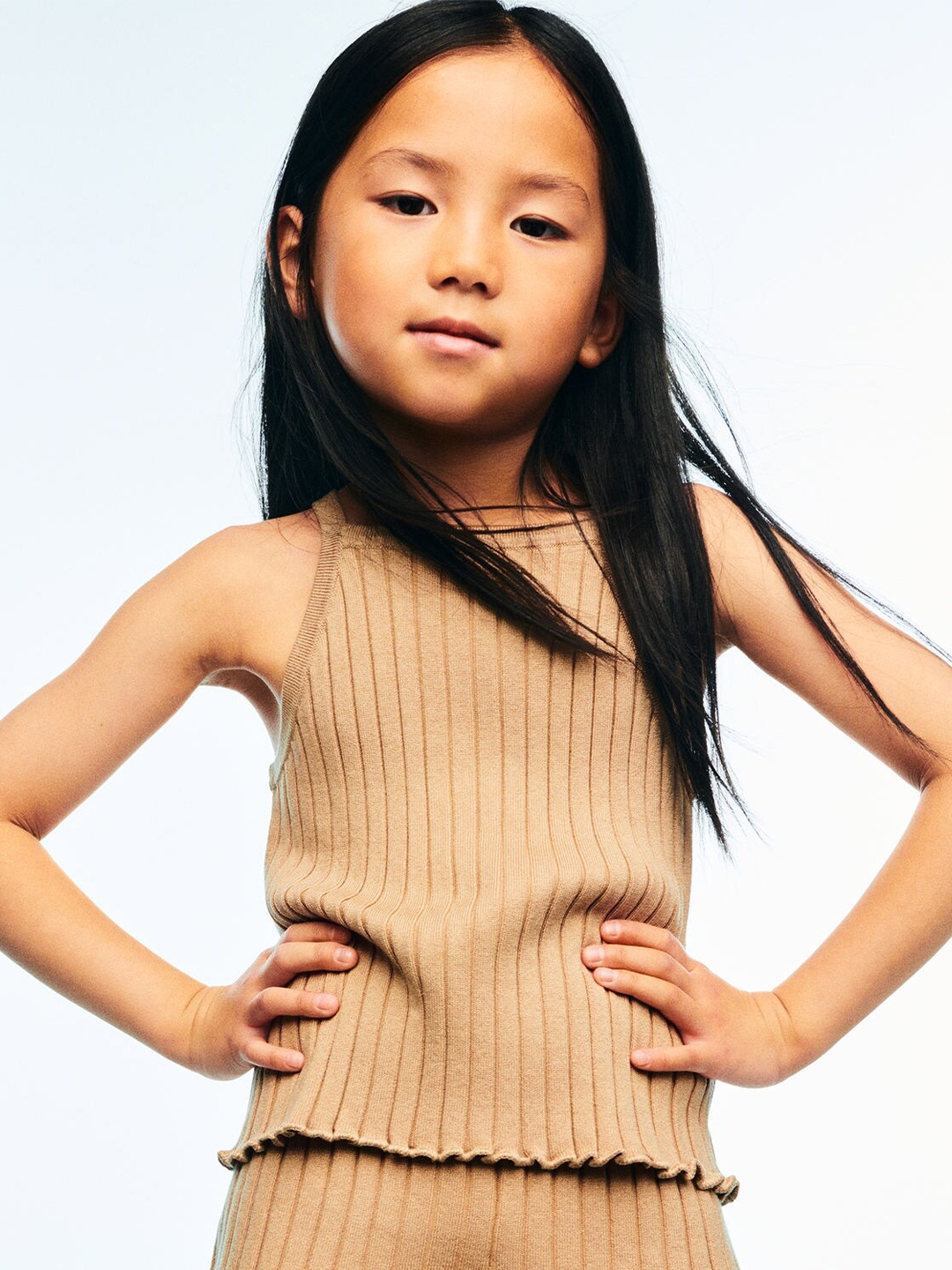 

H&M Girls Ribbed Top with Shorts, Beige