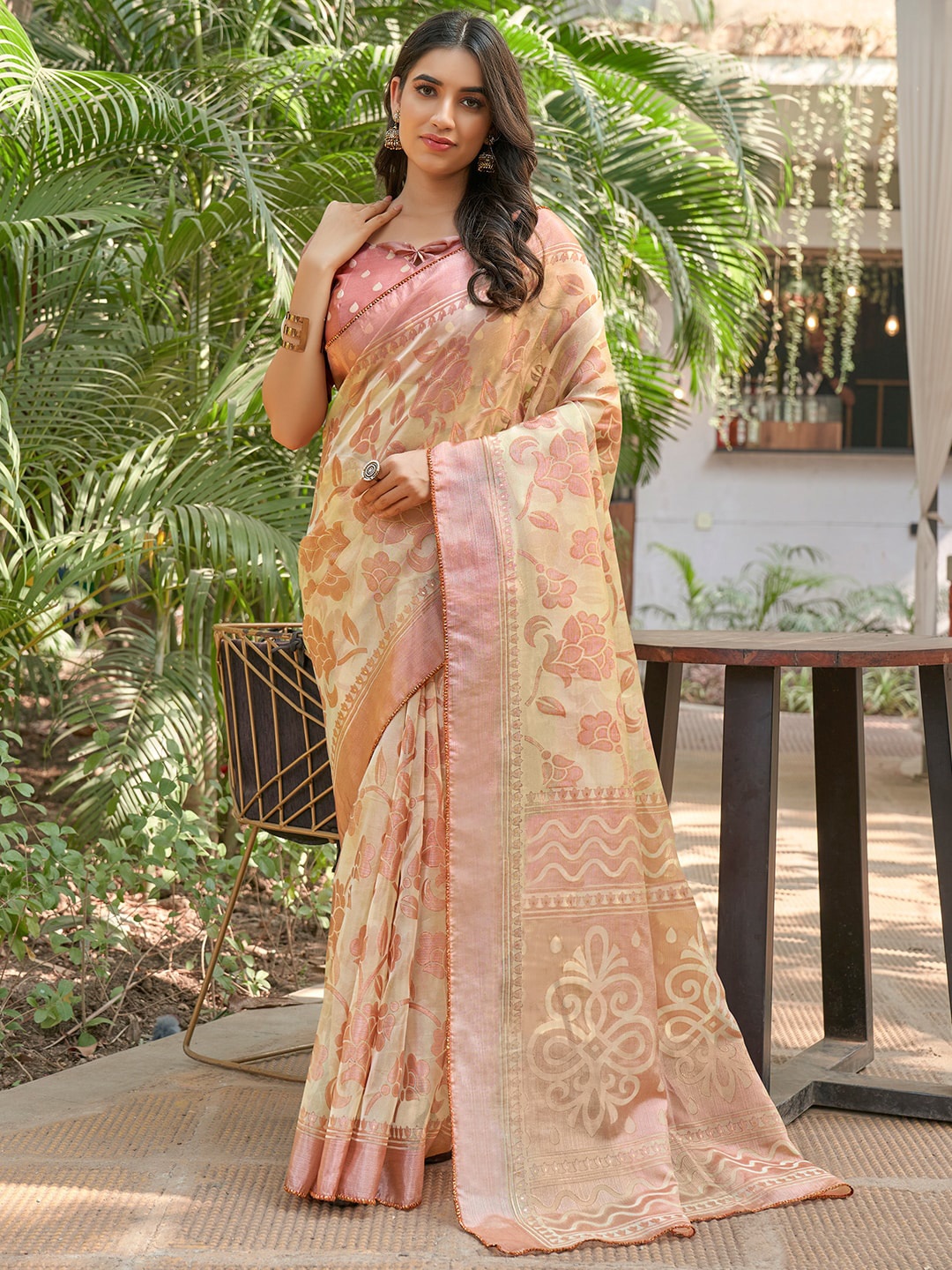 

SANSKAR Beige & Pink Woven Design Brasso Saree