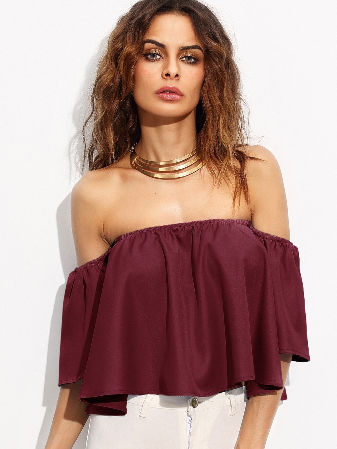 

Dracht Maroon Off-Shoulder Crepe Bardot Top