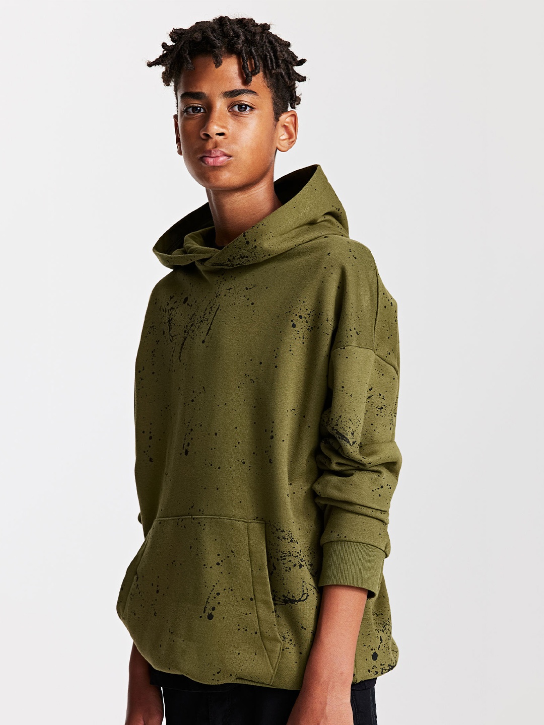 

H&M Boys Loose-Fit Patterned Hoodie, Olive