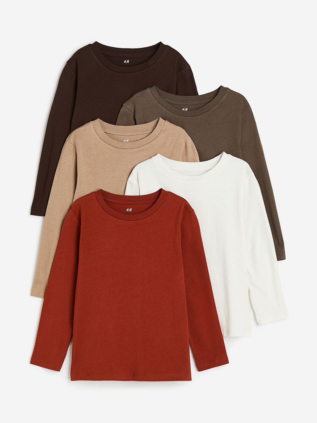 

H&M Boys Pack Of 5 Long Sleeved T-Shirts, Beige