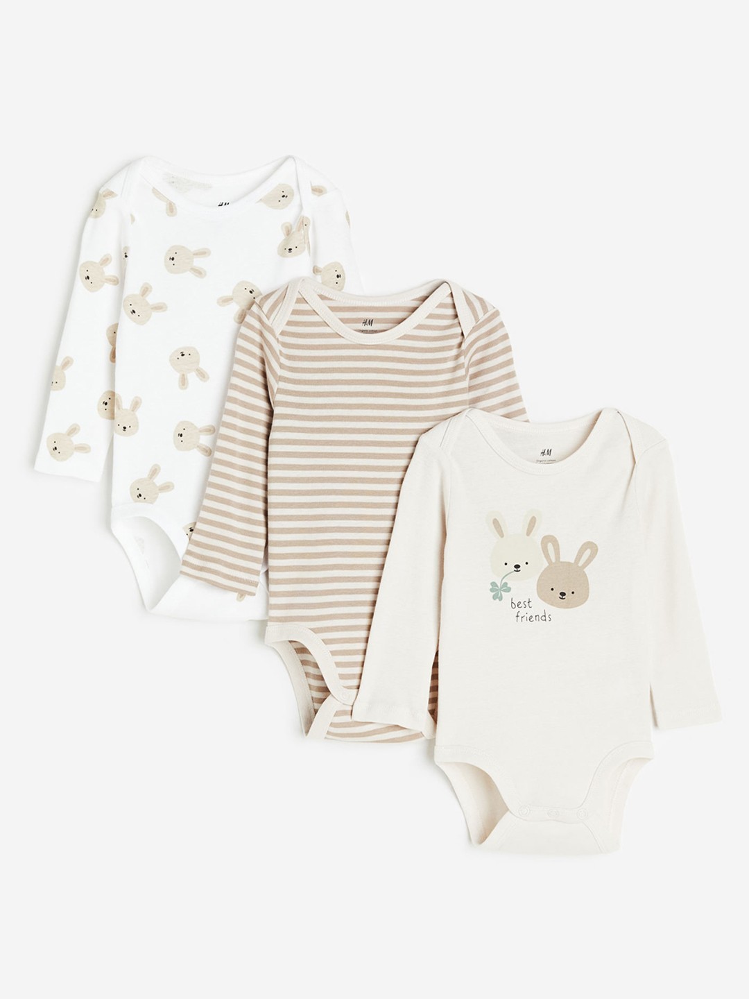 

H&M Boys 3-Pack Long-Sleeved Pure Cotton Bodysuits, Beige