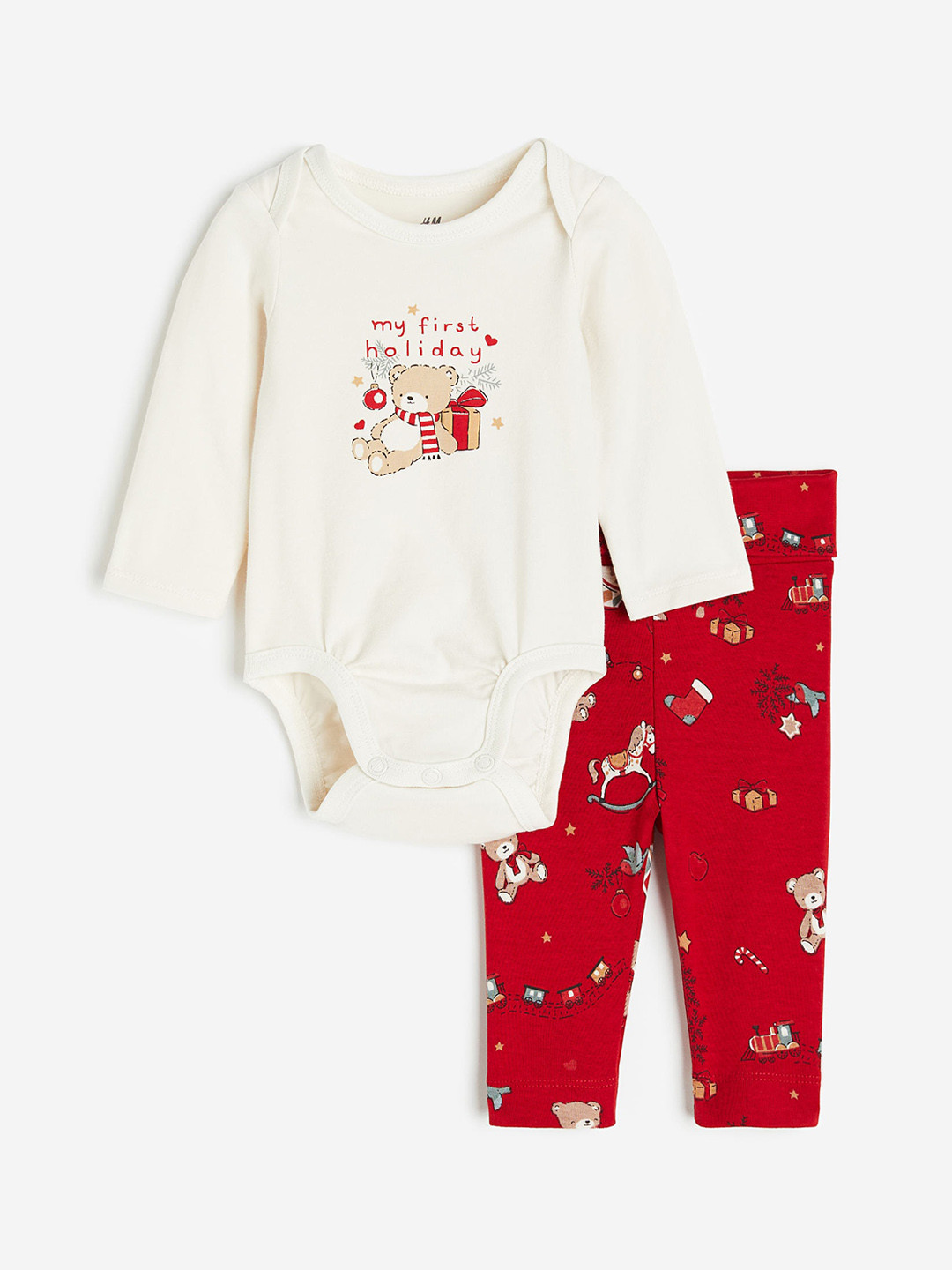 

H&M Boys Graphic Christmas Holiday Printed Bodysuit & Trousers, White