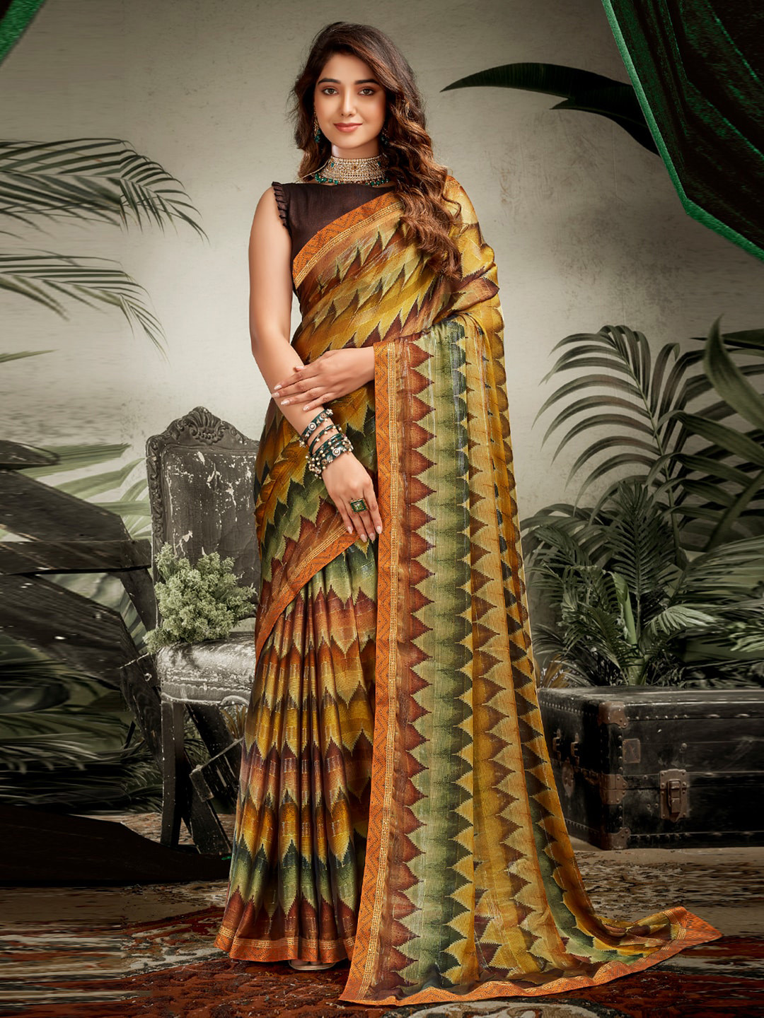 

SANSKAR Blue & Red Beads and Stones Saree