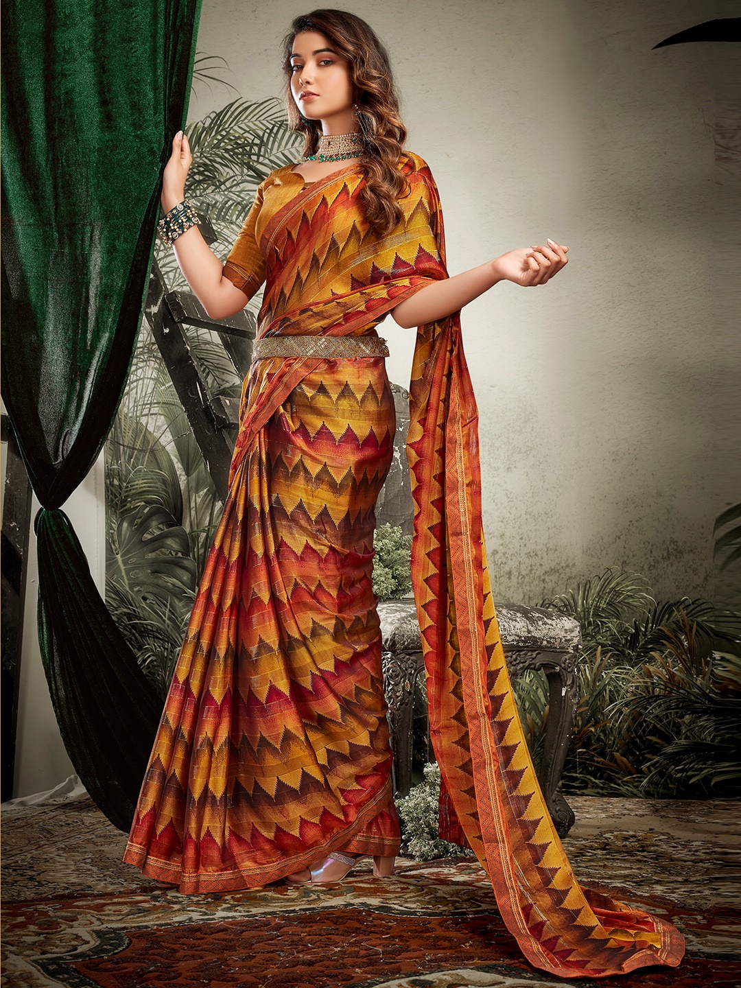 

SANSKAR Red & Orange Zari Saree