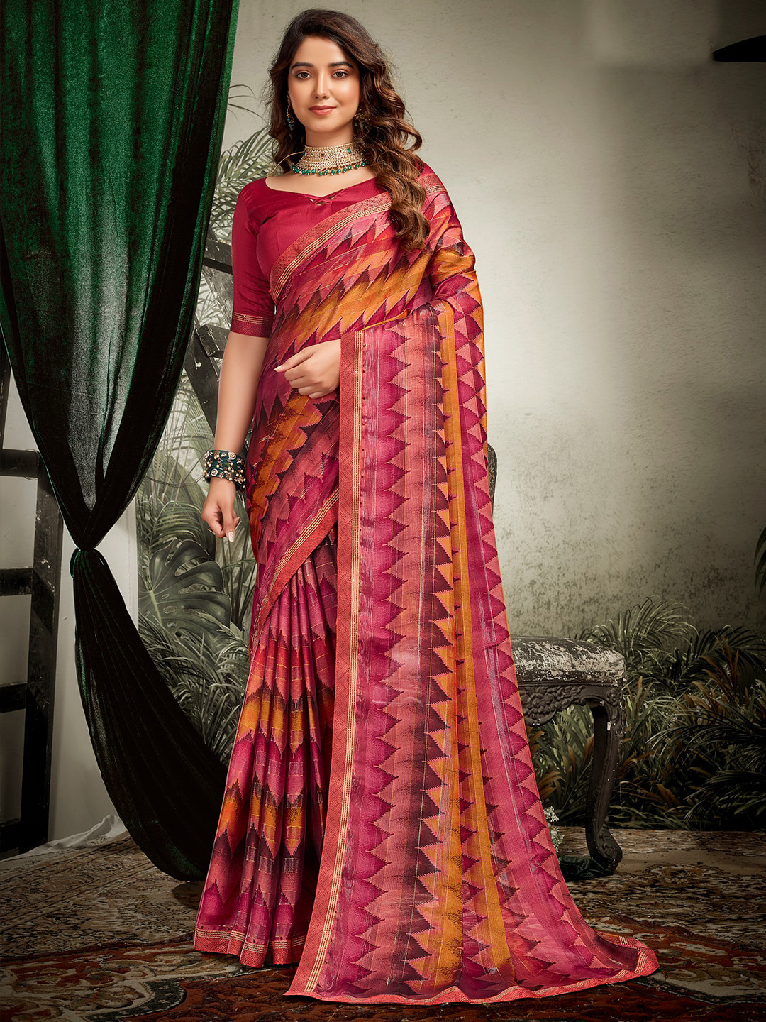 

SANSKAR Pink & Orange Saree