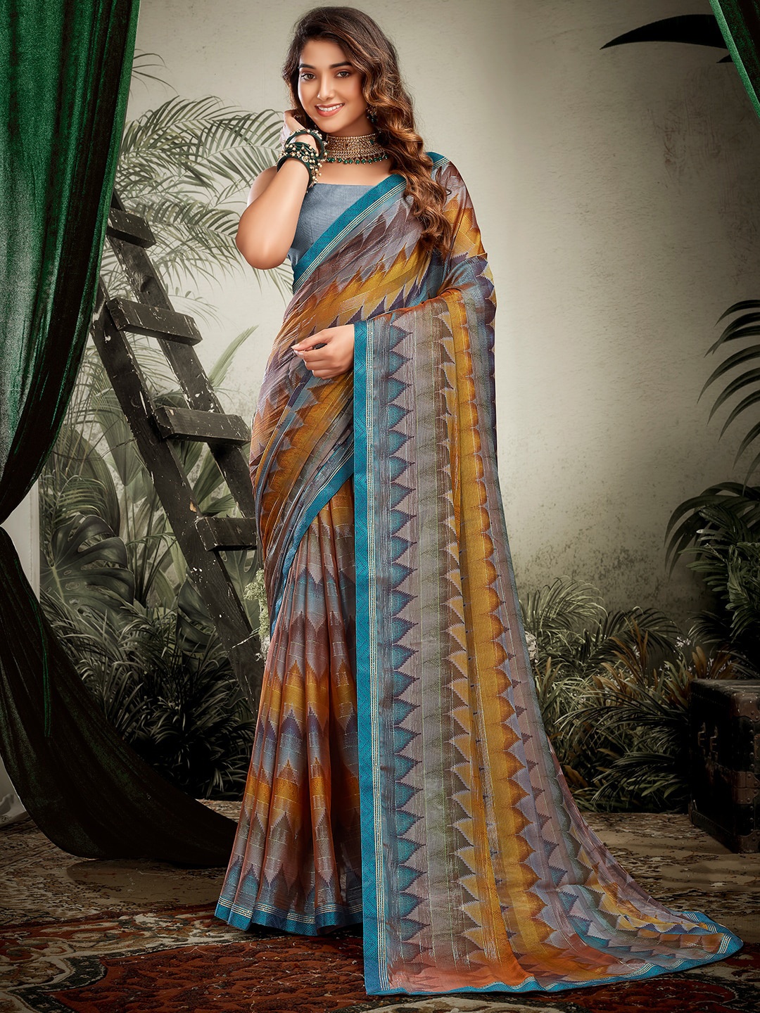 

SANSKAR Grey & Blue Ethnic Motifs Ikat Saree