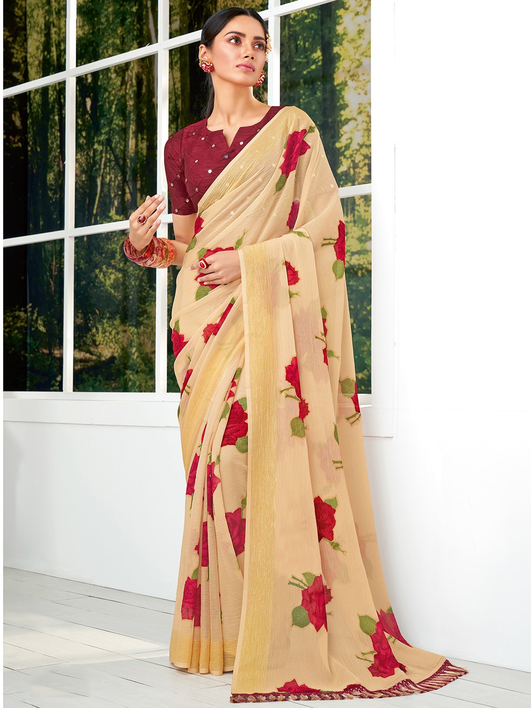 

SANSKAR Beige & Red Floral Zari Pure Chiffon Saree