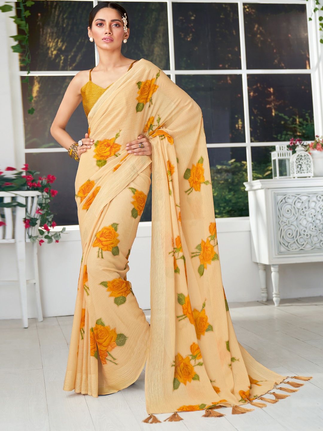 

SANSKAR Beige & Orange Floral Pure Chiffon Saree