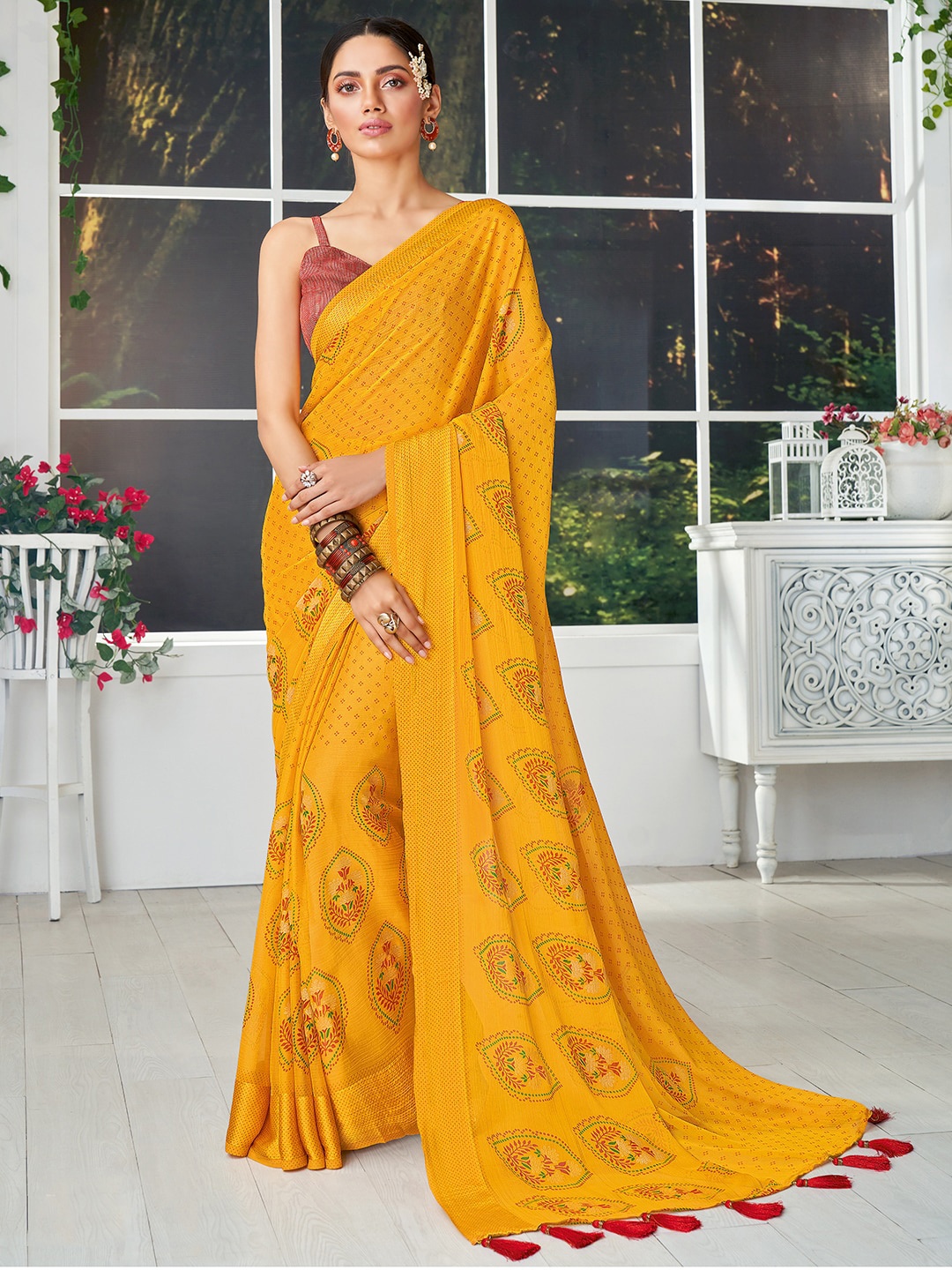 

SANSKAR Yellow & Red Ethnic Motifs Pure Chiffon Saree