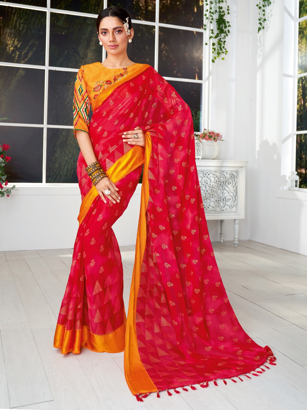 

SANSKAR Pink & Yellow Floral Pure Chiffon Saree