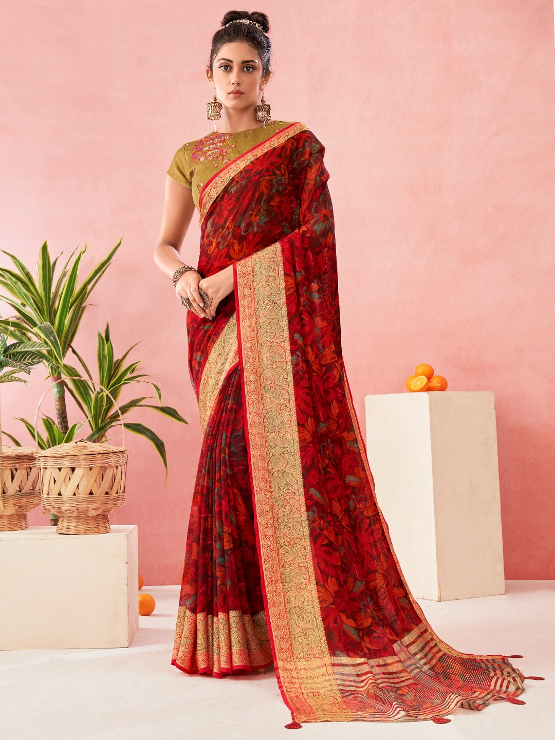 

SANSKAR Red & Gold-Toned Floral Zari Pure Chiffon Saree