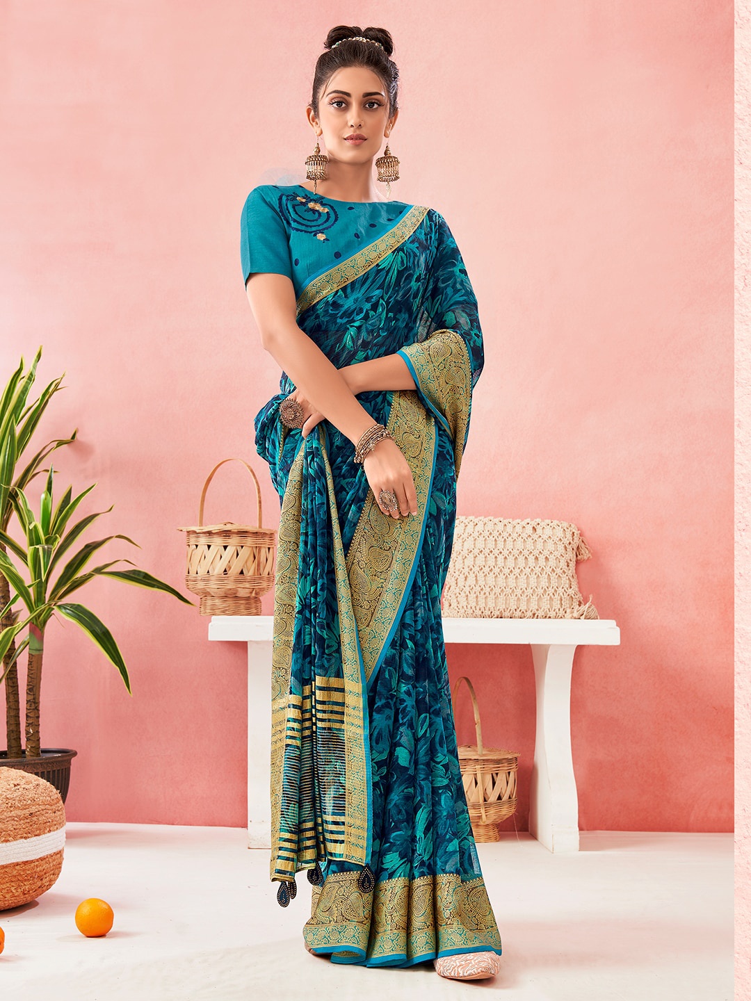 

SANSKAR Blue & Gold-Toned Floral Zari Pure Chiffon Saree