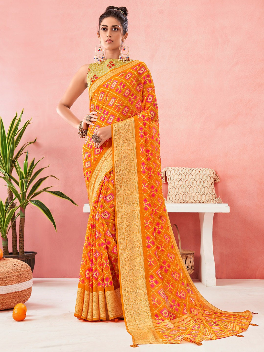 

SANSKAR Orange & Pink Zari Pure Chiffon Saree