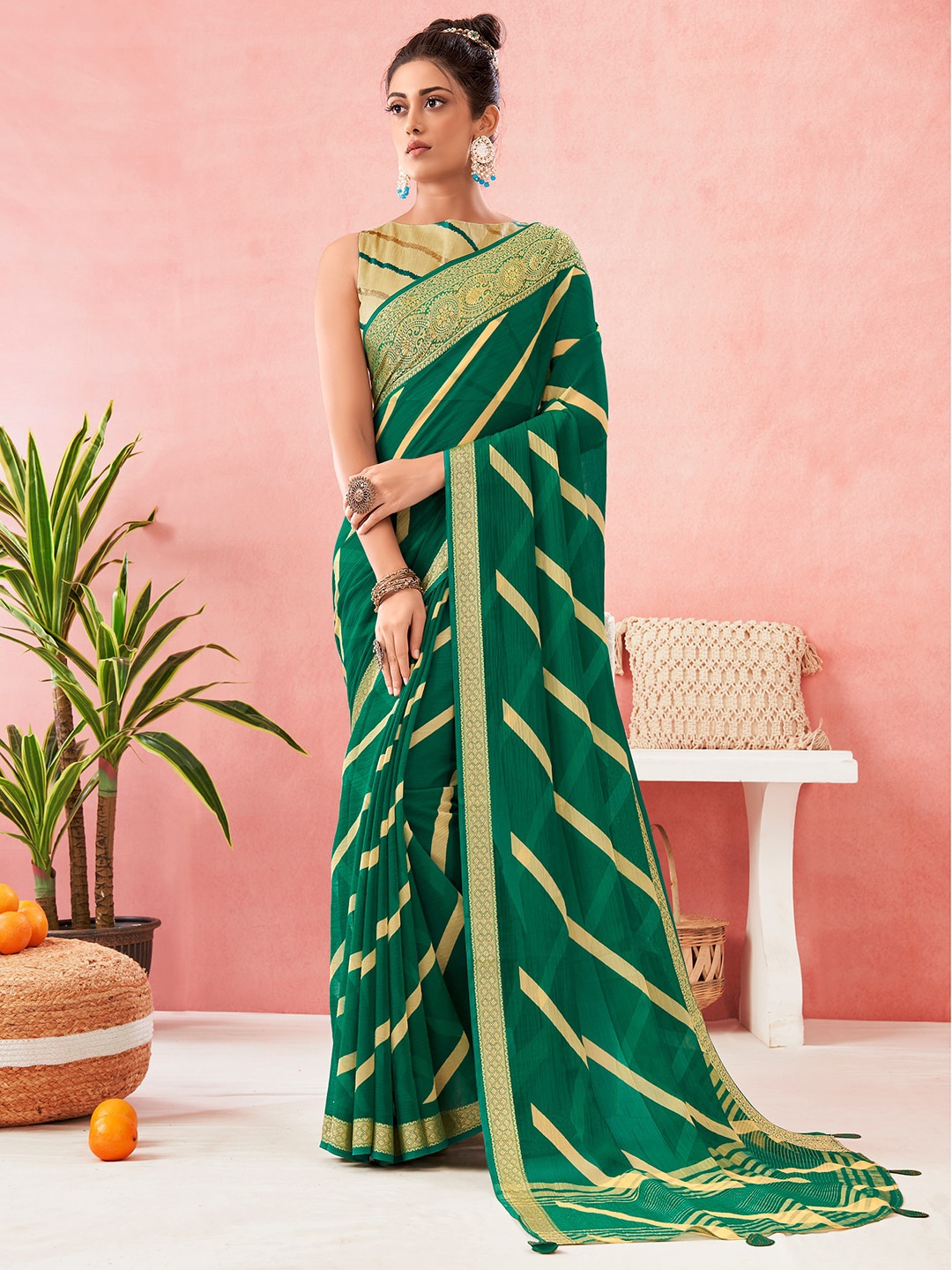 

SANSKAR Green & Gold-Toned Striped Zari Pure Chiffon Saree