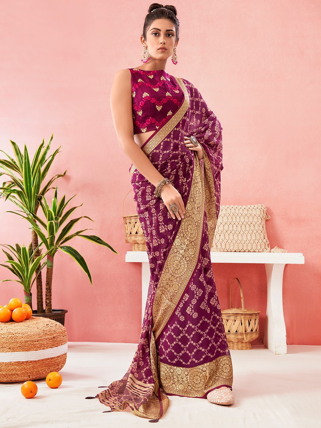 

SANSKAR Purple & Beige Zari Pure Chiffon Saree