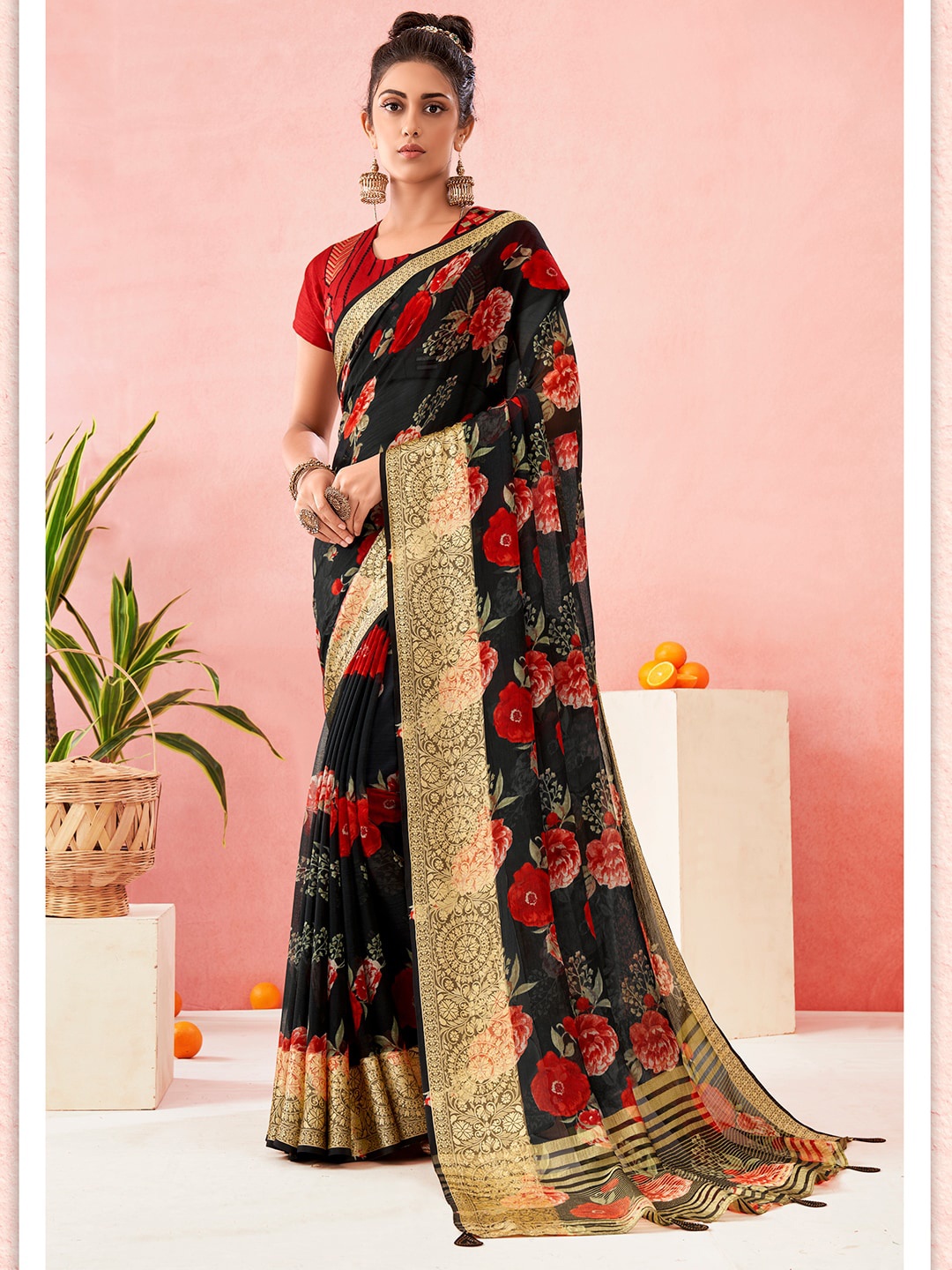 

SANSKAR Black & Red Floral Zari Pure Chiffon Saree