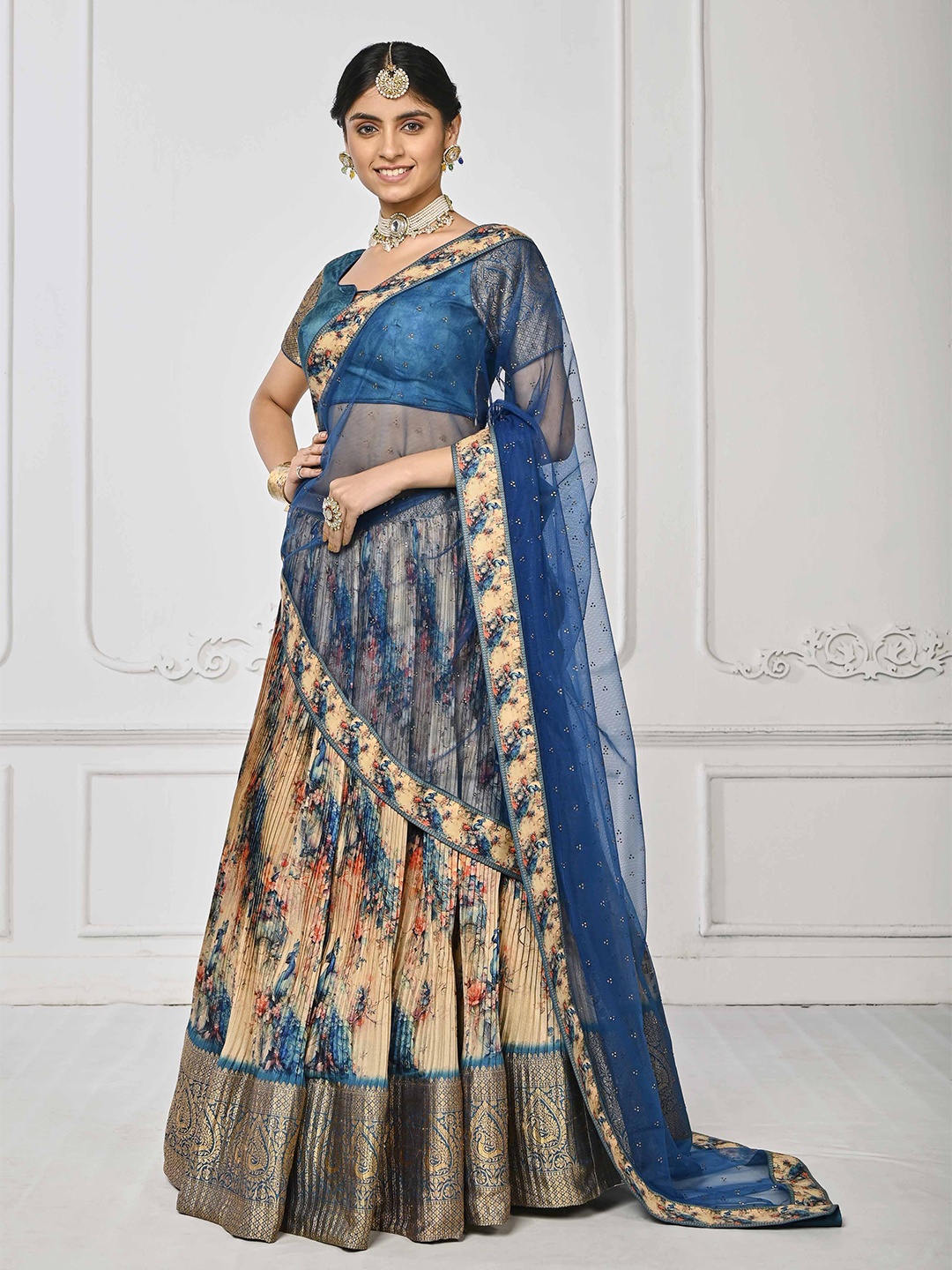 

SAPTRANGI Blue & Beige Printed Beads and Stones Semi-Stitched Lehenga & Unstitched Blouse With Dupatta