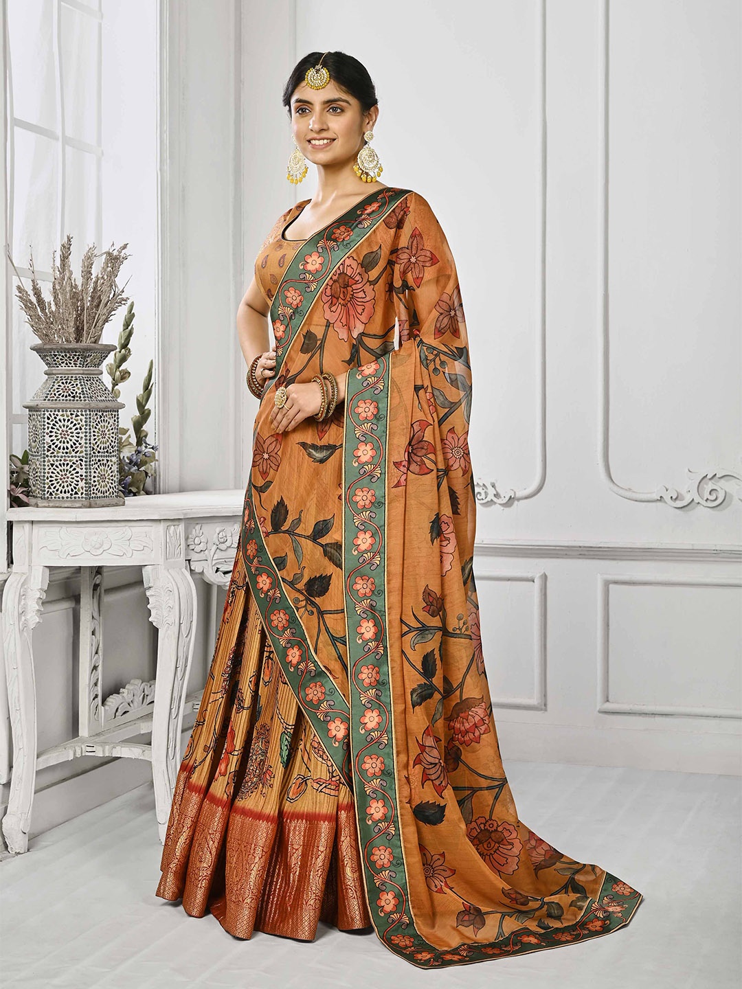 

SAPTRANGI Ethnic Motifs Printed Zari Semi-Stitched Lehenga Choli, Mustard