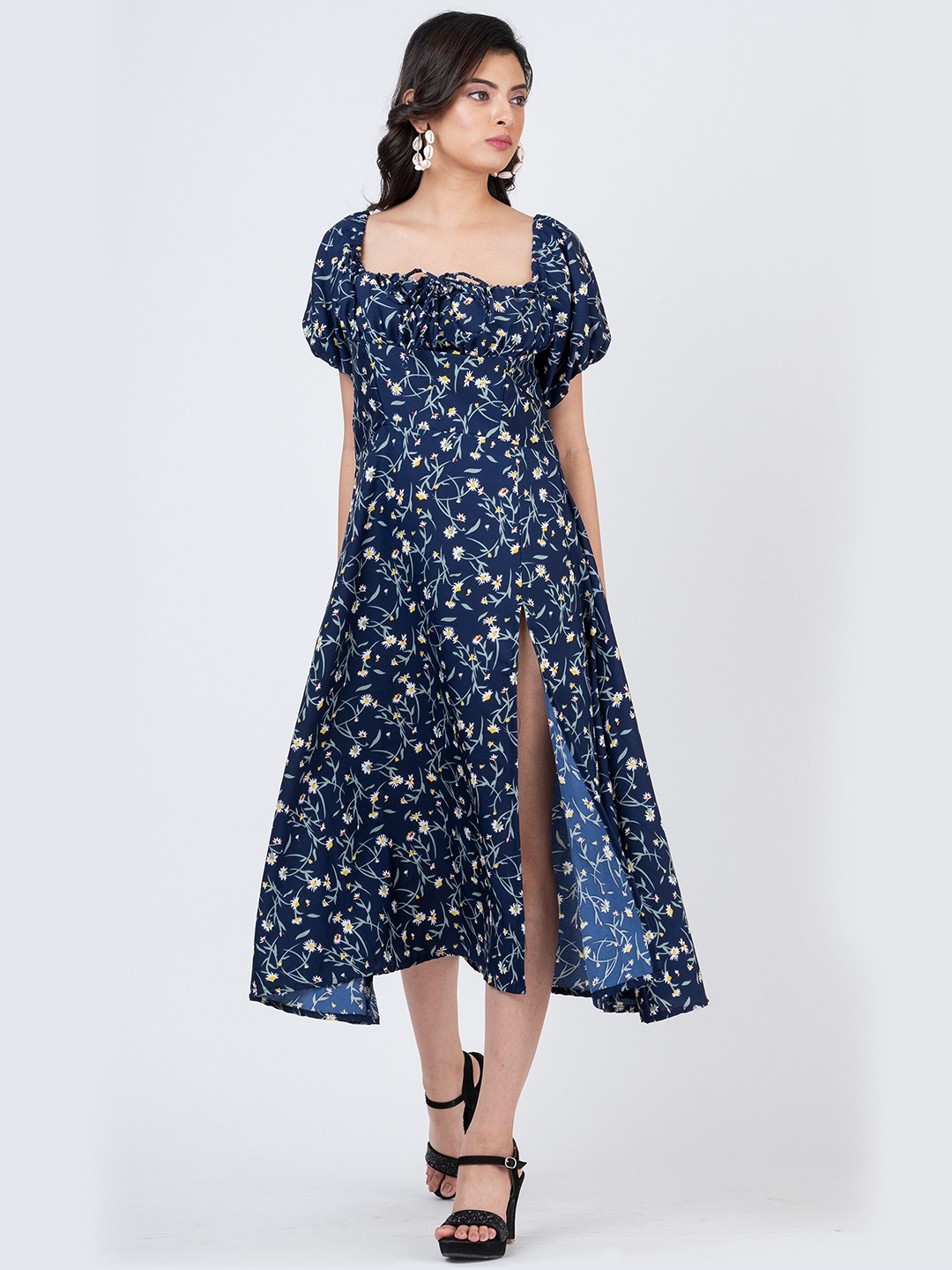 

KAMPHIRE Floral Printed Square Neck Puff Sleeve Fit & Flare Midi Dress, Blue