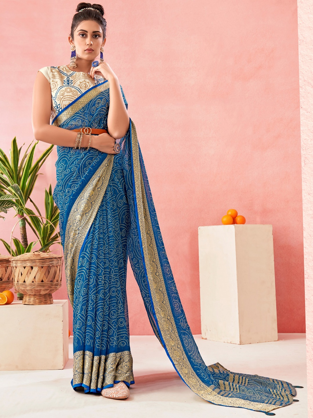 

SANSKAR Printed Zari Pure Chiffon Bandhani Saree, Blue