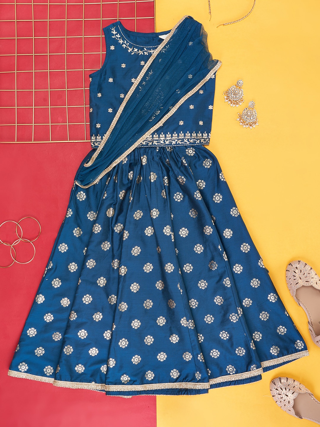 

AKKRITI BY PANTALOONS Girls Embroidered Ready to Wear Lehenga & Blouse With Dupatta, Blue