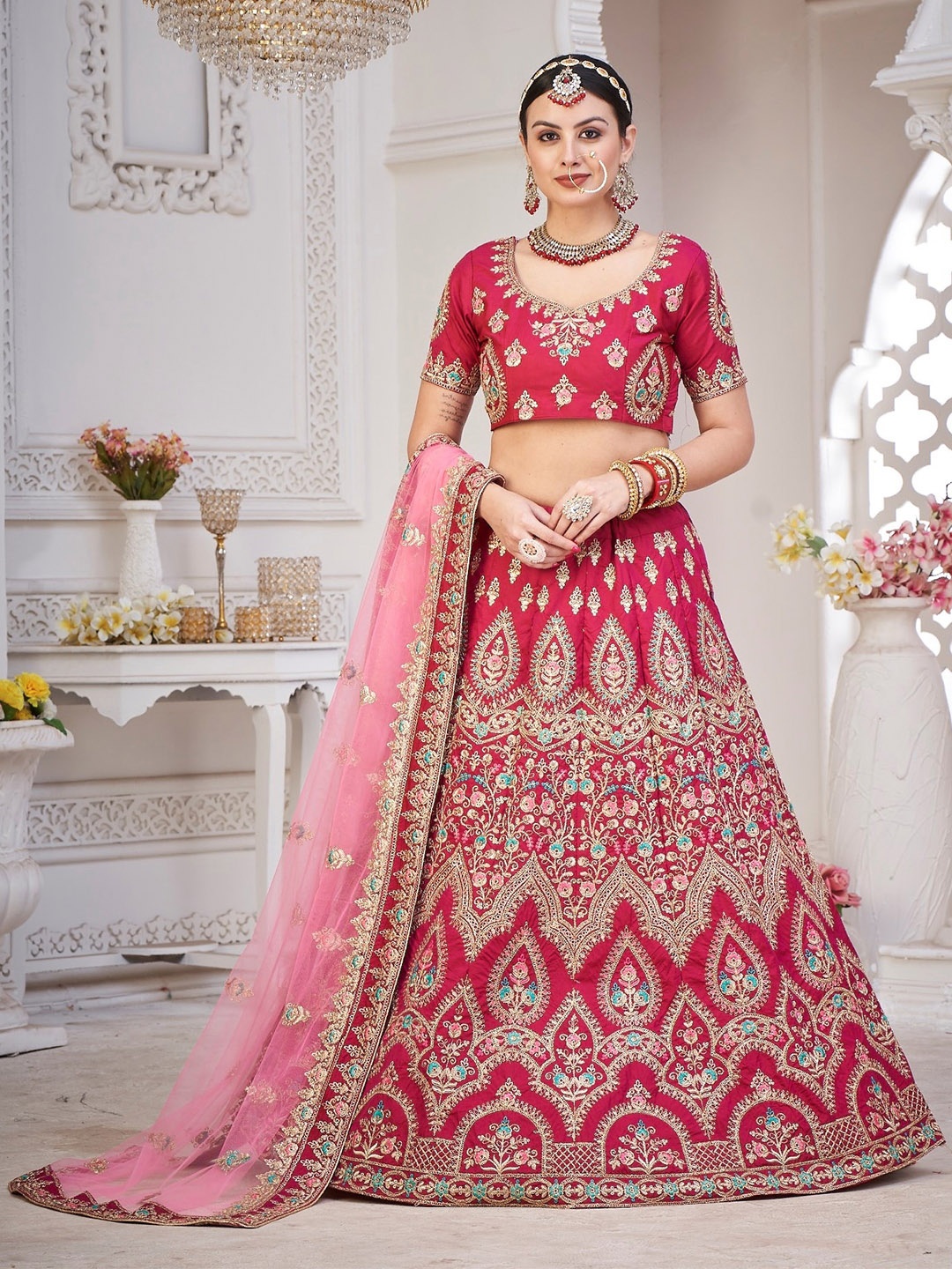 

KALINI Embroidered Thread Work Semi-Stitched Lehenga & Unstitched Blouse With Dupatta, Maroon