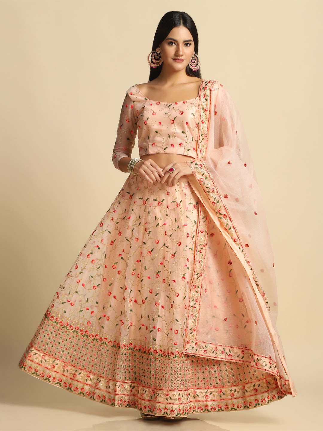 

KALINI Embroidered Thread Work Semi-Stitched Lehenga & Unstitched Blouse With Dupatta, Pink