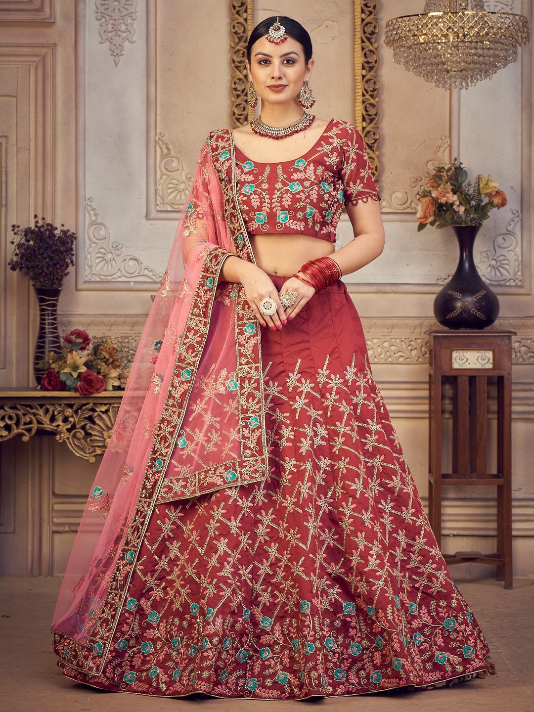 

KALINI Embroidered Thread Work Semi-Stitched Lehenga & Unstitched Blouse With Dupatta, Maroon