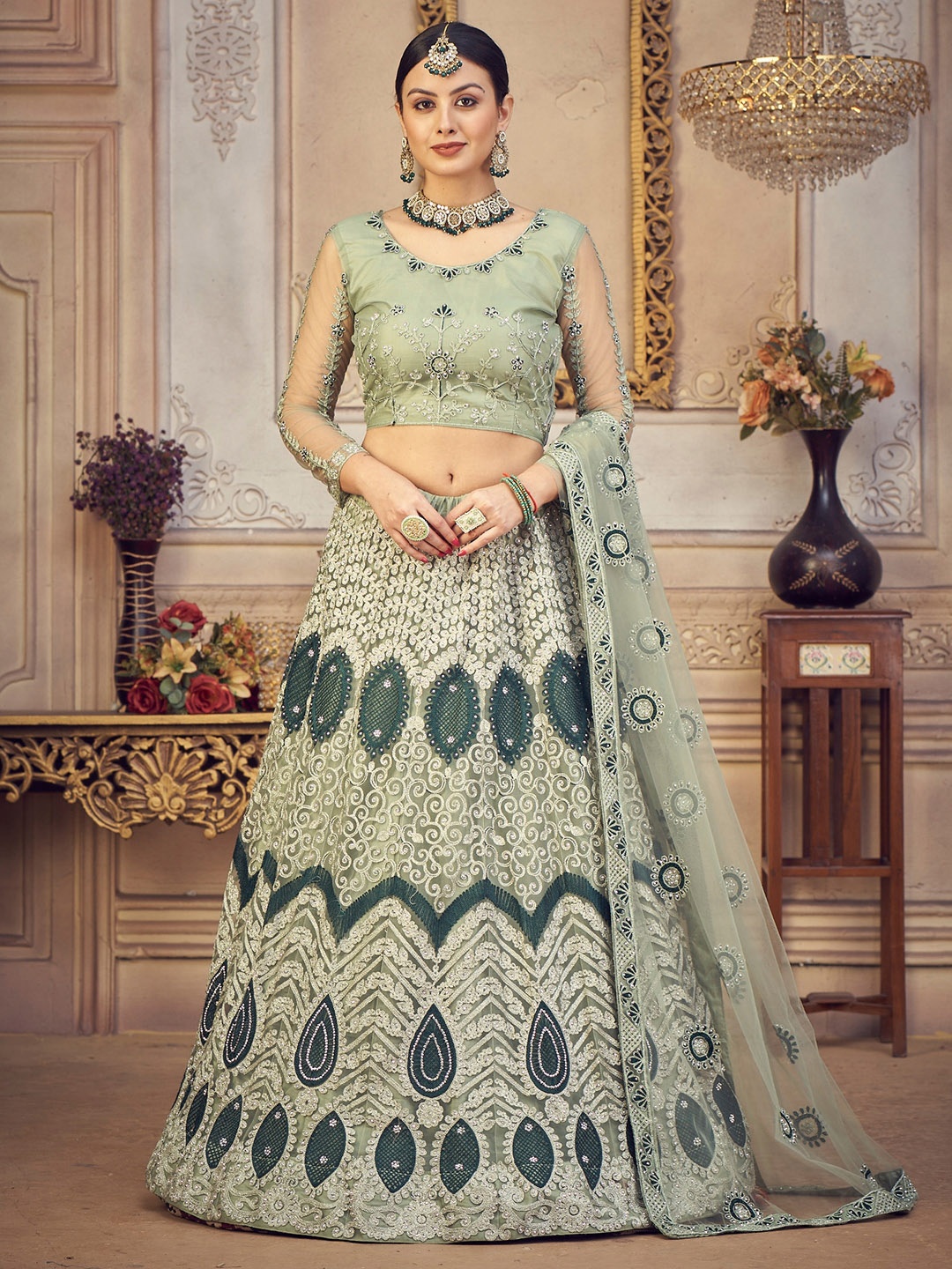 

KALINI Embroidered Thread Work Semi-Stitched Lehenga & Unstitched Blouse With Dupatta, Green